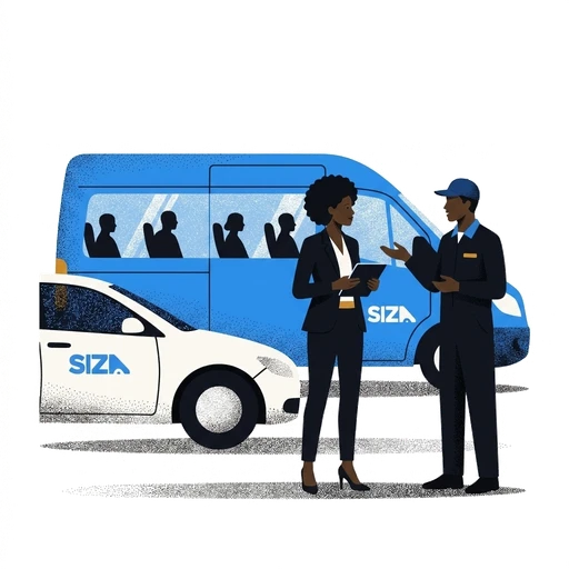 Colleagues stepping out of a Siza vehicle at an office entrance